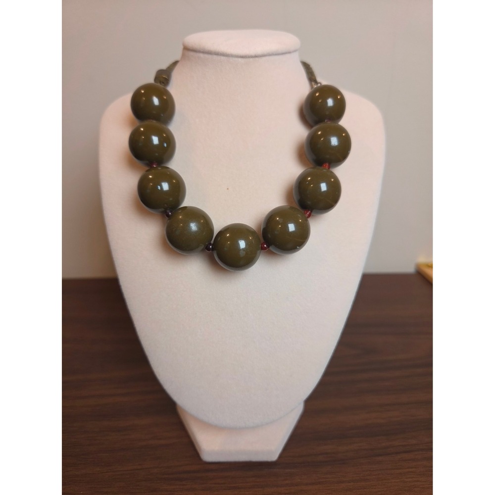 Olive Green Chunky Bead Necklace Oversized Plastic Spheres Clasp Adjusts